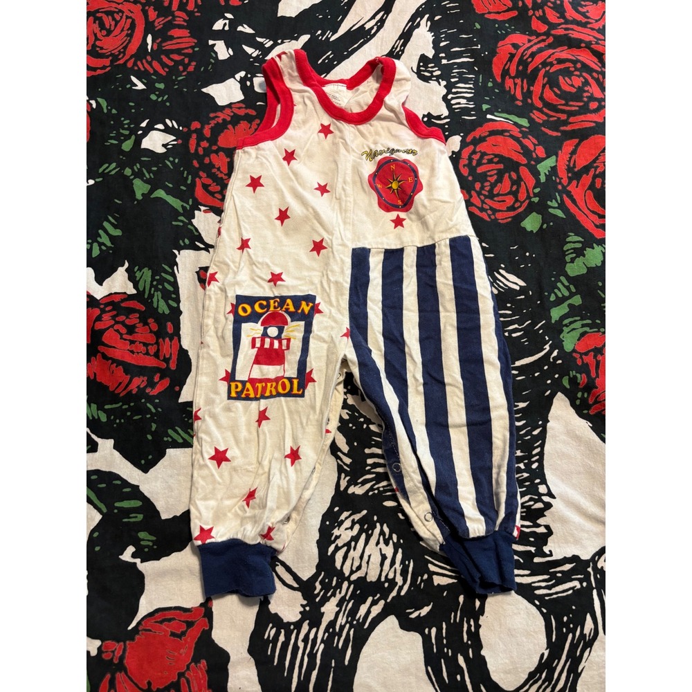 Vintage Navigator Ocean Patrol Nautical Cotton Romper Red White Blue Stars 18M